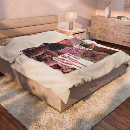Velveteen Plush Blanket — Pink Vintage Butterfly Collage with Psalm 37:4-5