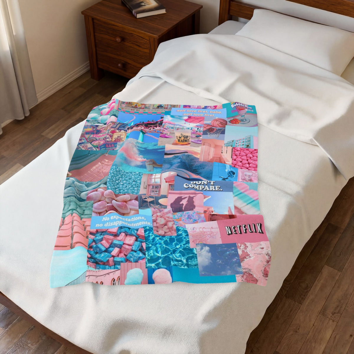 Velveteen Plush Blanket — Pastel Collage Aesthetic Throw ("Don't Compare")