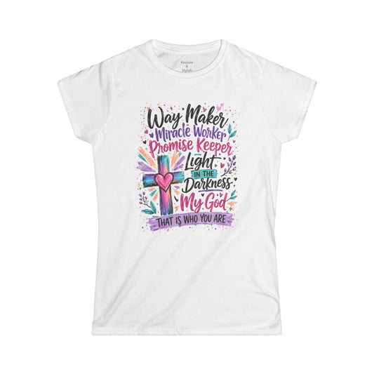 Women's Tee — "He's WayMaker, Miracle Worker" Christian Graphic