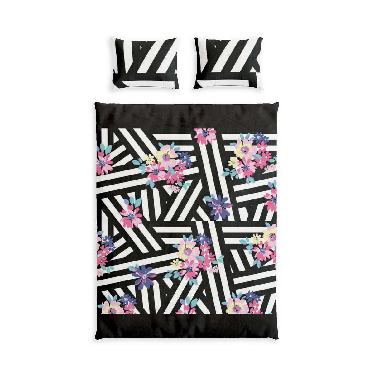 Floral Geometric Cotton Duvet Cover Set — Black & White Stripes with Pink Blooms