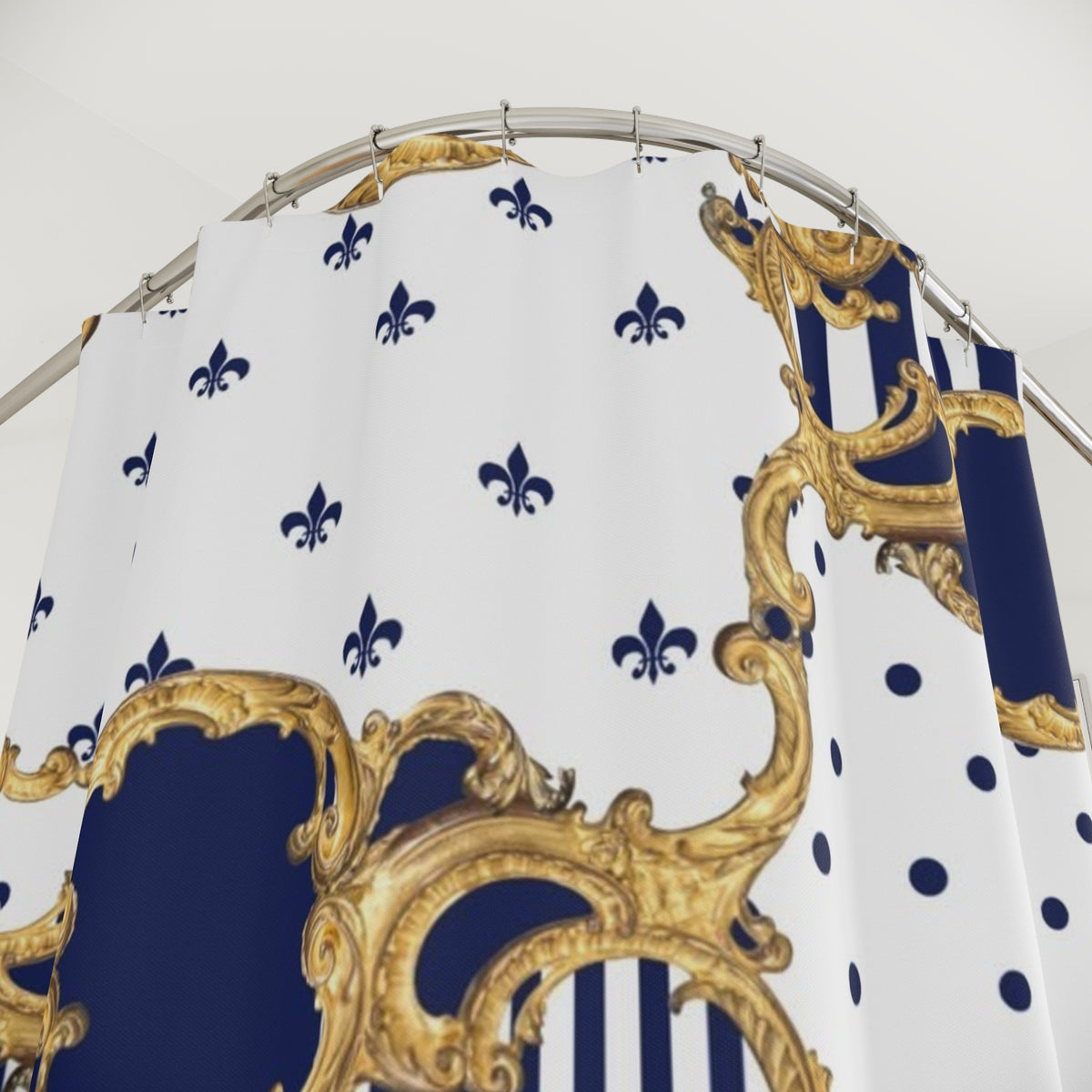 Baroque Navy & Gold Shower Curtain — Stripes, Polka Dots & Fleur-de-Lis Bath Decor
