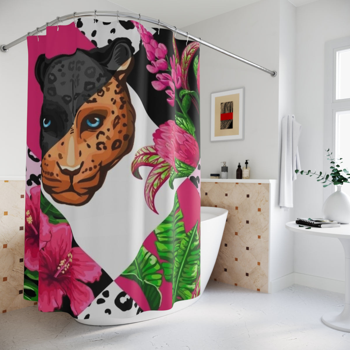 Leopard Floral Shower Curtain — Bold Pink Jungle Bathroom Decor
