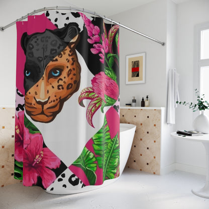 Leopard Floral Shower Curtain — Bold Pink Jungle Bathroom Decor