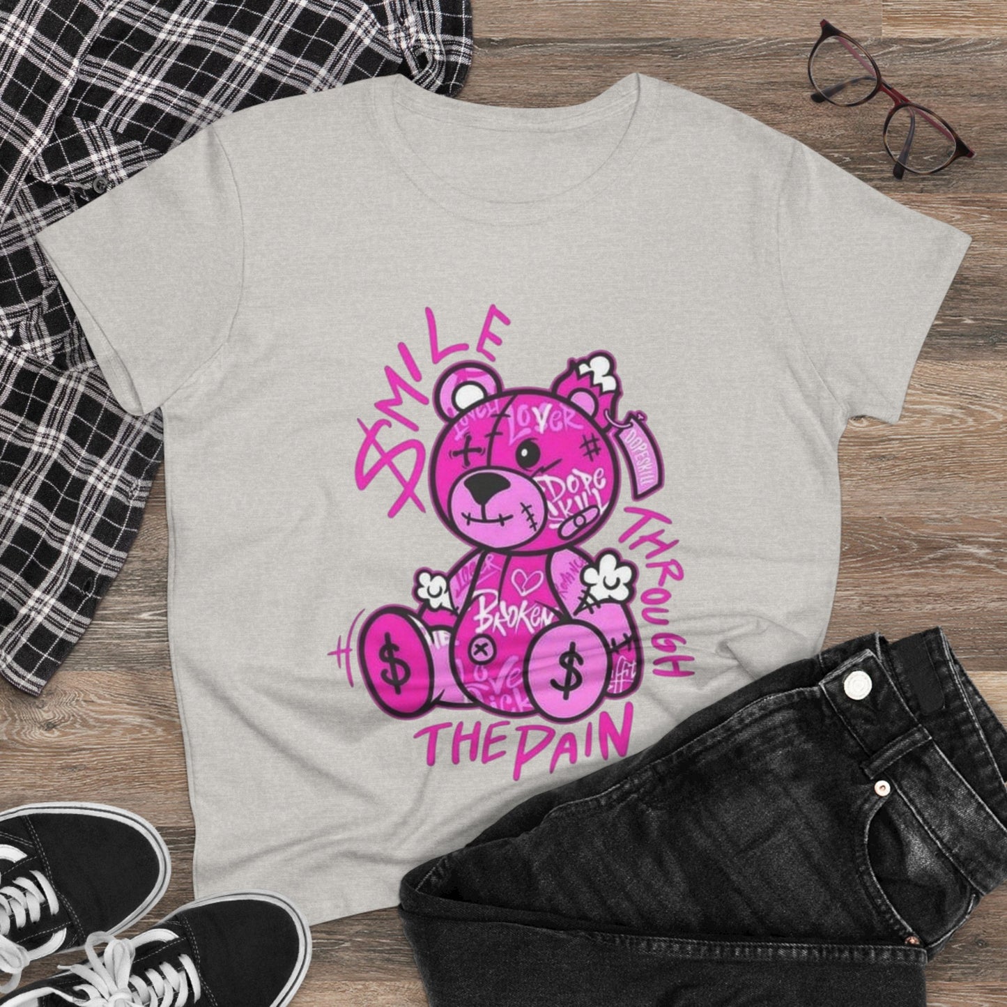 Smile Through The Pain Teddy Bear Tee — Pink Graphic Women's Cotton Shirt