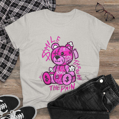 Smile Through The Pain Teddy Bear Tee — Pink Graphic Women's Cotton Shirt