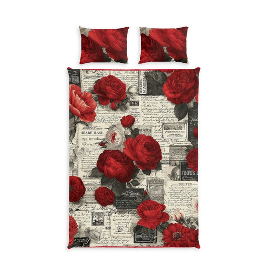 Rose Vintage Cotton Bed Set — Red Floral Duvet Cover with Script Print