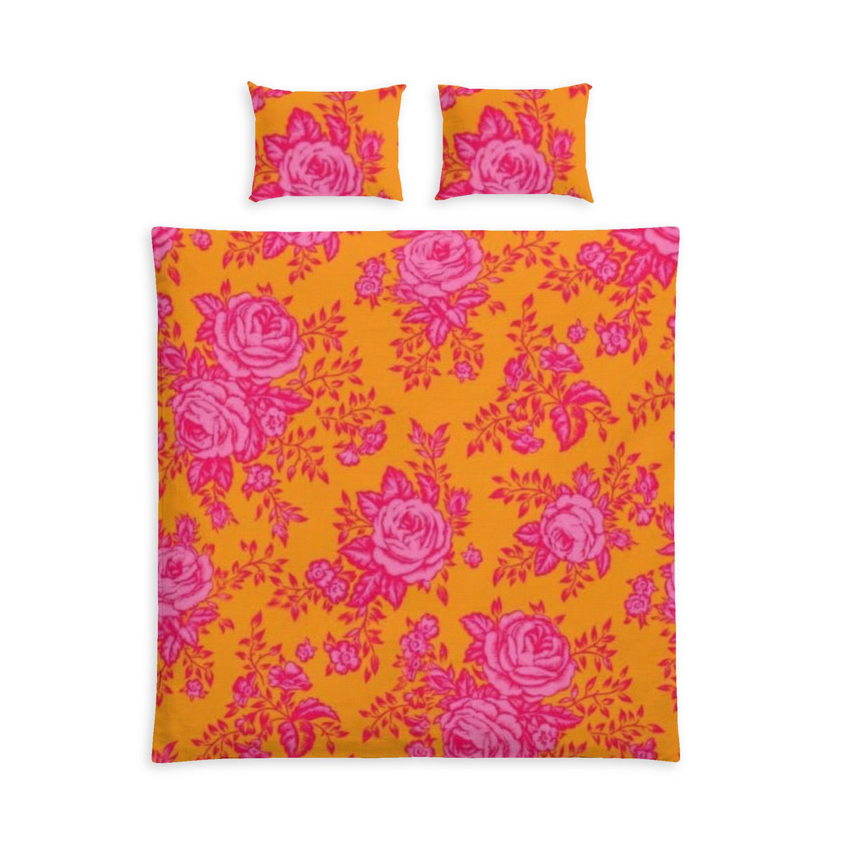 Floral Cotton Bed Set — Pink Rose Pattern on Vibrant Orange