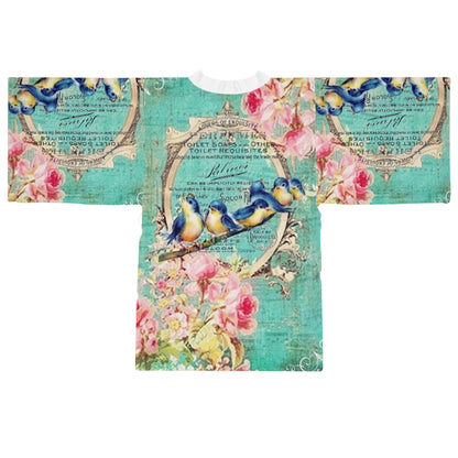 Vintage Floral Long Sleeve Kimono Robe with Birds - Perfect for Relaxation and Gift Giving