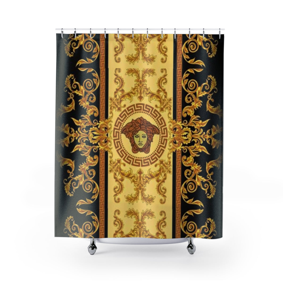 Baroque Medusa Shower Curtain — Gold Greek Key Luxury Bath Decor