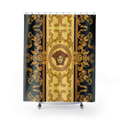 Baroque Medusa Shower Curtain — Gold Greek Key Luxury Bath Decor