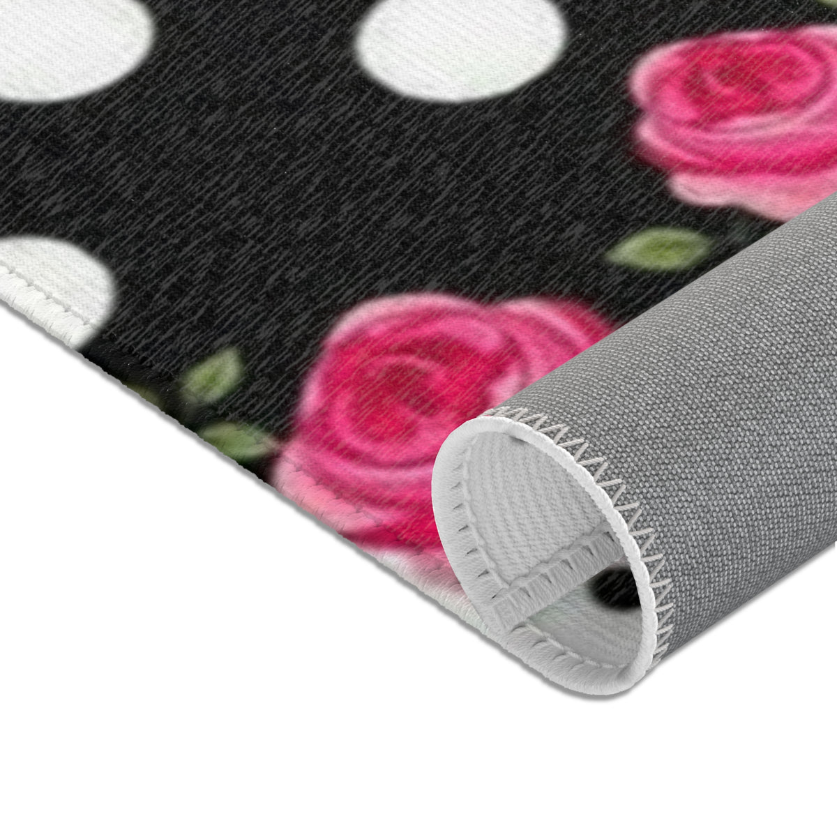 Polka Dot Rose Area Rug — Black & White Vintage Floral Accent Rug