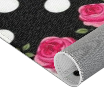 Polka Dot Rose Area Rug — Black & White Vintage Floral Accent Rug