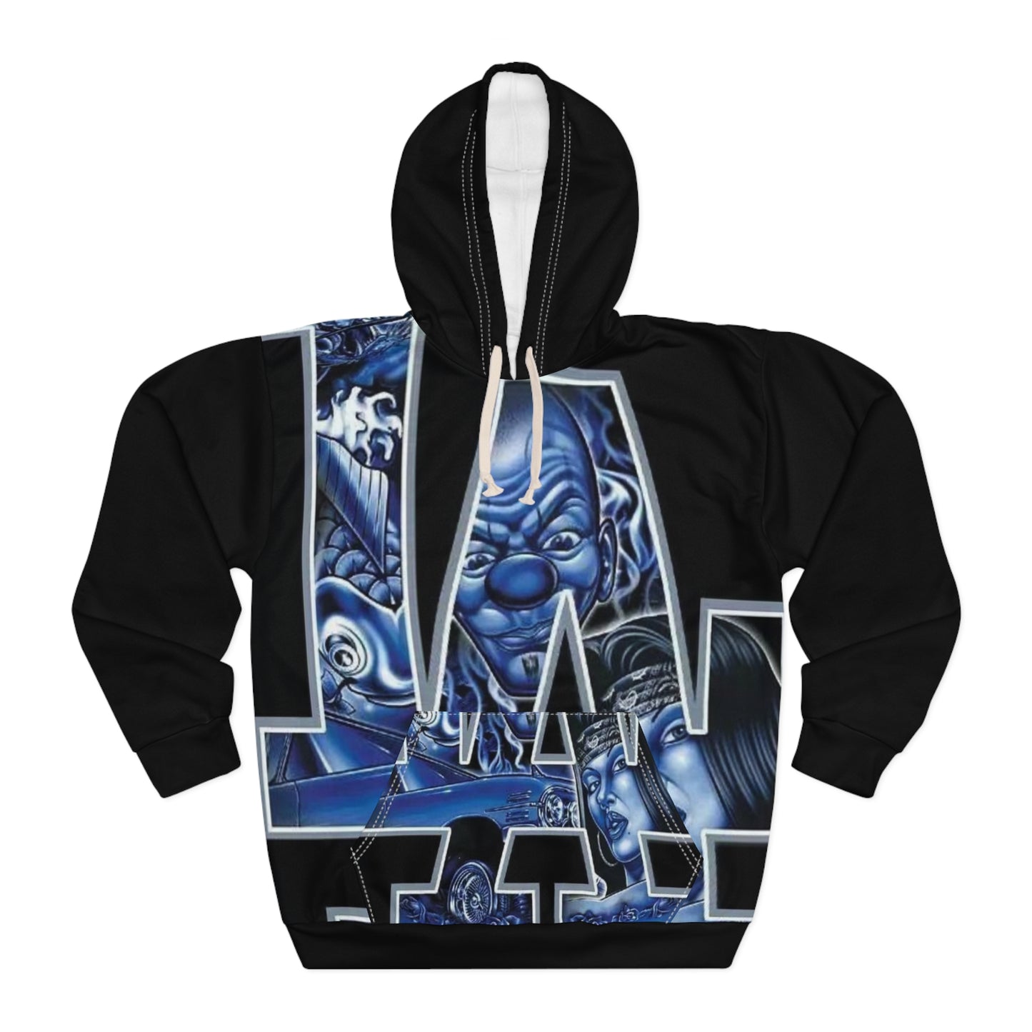 Blue Chicano-Style Graphic Hoodie — Bold Letter Art Pullover