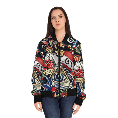 Women's Tattoo-Print Bomber Jacket — Retro Sailor Love AOP