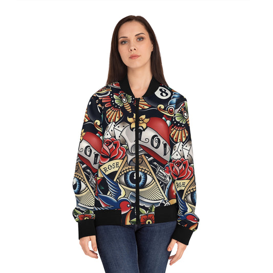 Women's Tattoo-Print Bomber Jacket — Retro Sailor Love AOP