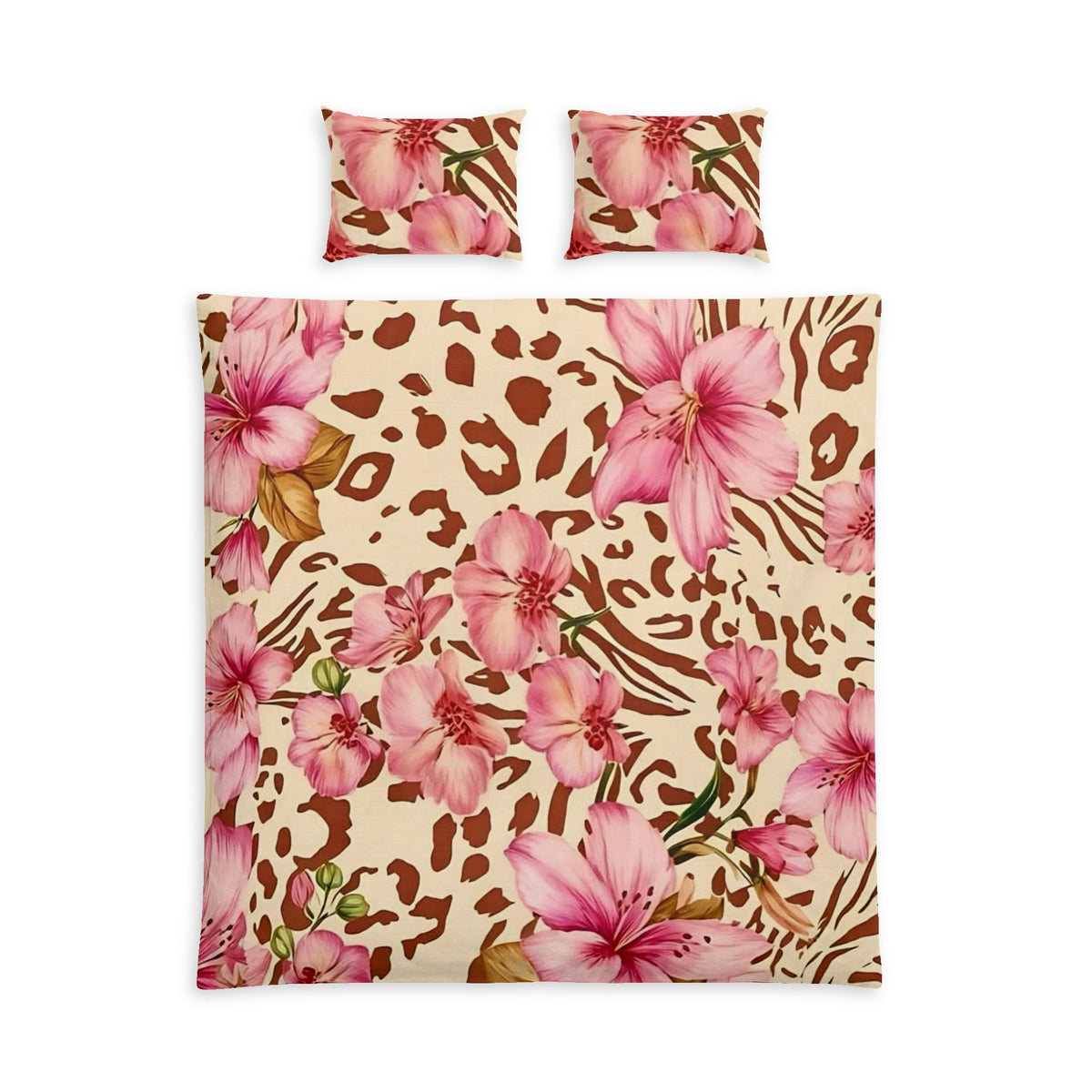 Floral Leopard Cotton Bed Set — Pink Tropical Flowers Duvet Cover & Pillowcases