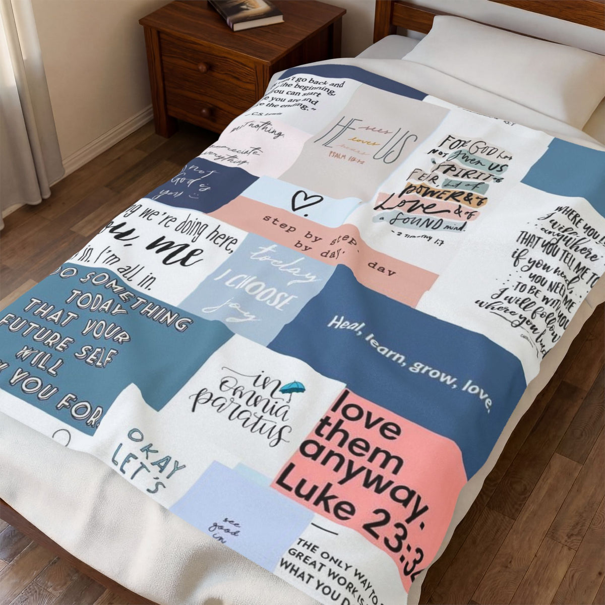 Inspirational Patchwork Velveteen Plush Blanket – Motivational Quotes (Luke 23:34)