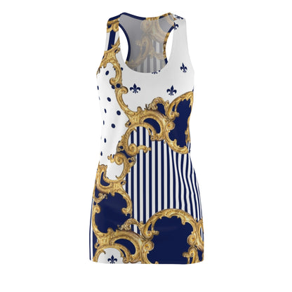 Baroque Gold & Navy Racerback Dress — Striped Fleur-de-Lis