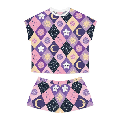 Celestial Dreams Women's Short Pajama Set - Cozy Sleepwear with Sun and Moon Design