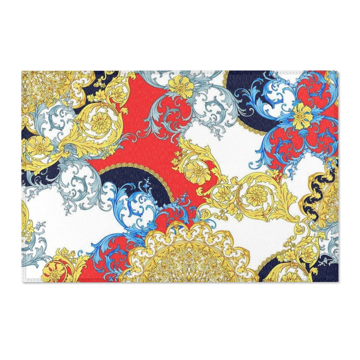 Baroque Scroll Area Rug — Red, Blue & Gold Ornate Accent Rug