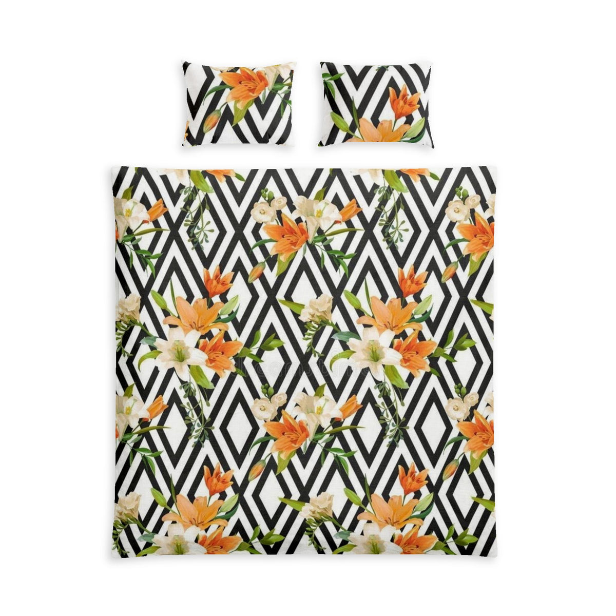 Floral Geometric Cotton Bed Set — Orange Lily Duvet Cover & Pillowcases