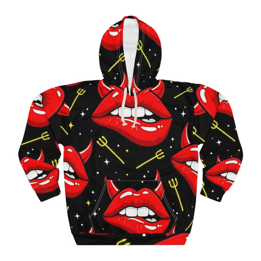 Devil Lips Hoodie – Bold Red Lip Print All-Over Pullover