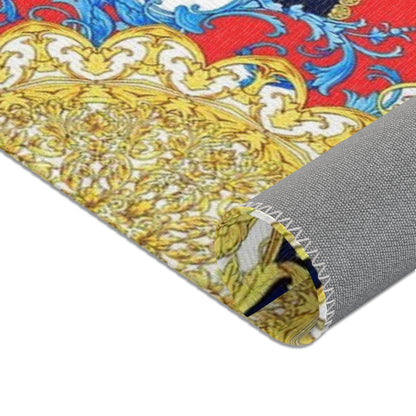 Baroque Scroll Area Rug — Red, Blue & Gold Ornate Accent Rug