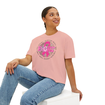 Breast Cancer Awareness Boxy Tee — Pink "Fight" Ribbon Leopard Design