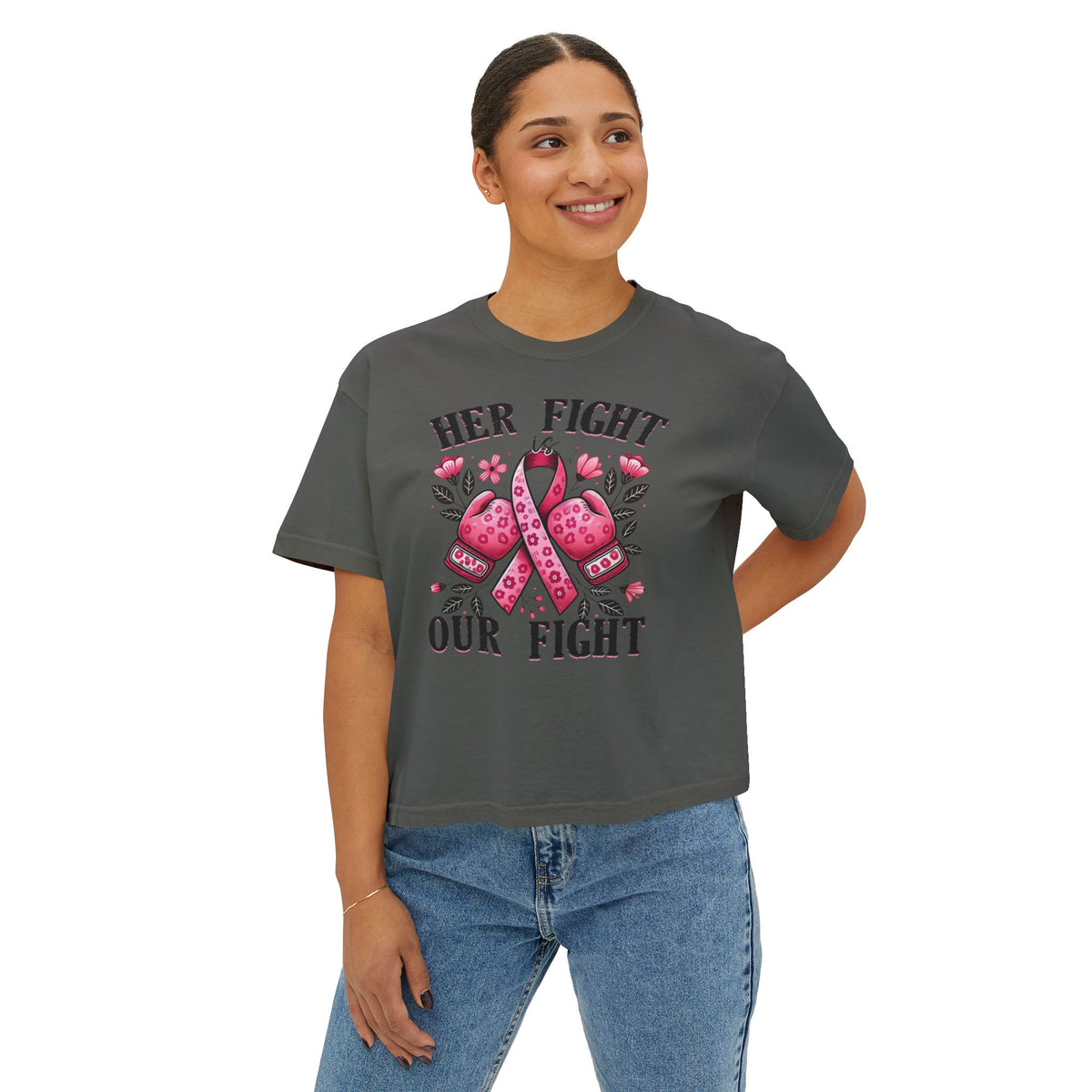Breast Cancer Awareness Tee — "Her Fight, Our Fight" Women's Boxy Shirt