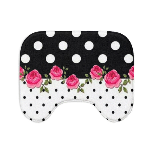 Polka Dot & Pink Rose Bath Mat Set — 3-Piece Floral Bathroom Rug Set