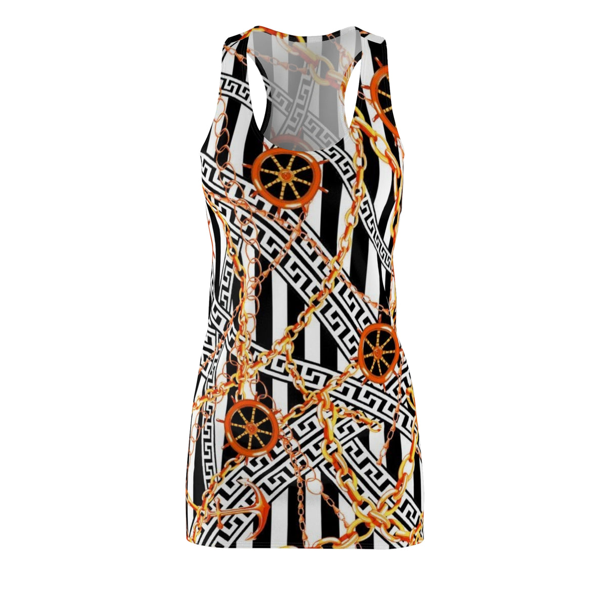 Chain & Wheel Pattern Racerback Dress — Bold Black Stripe Nautical Print
