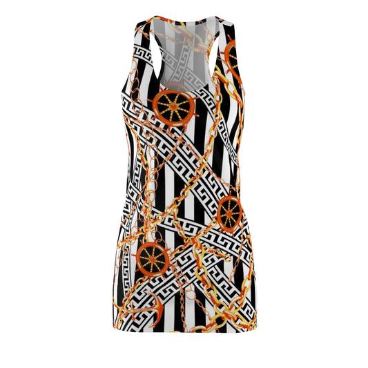 Chain & Wheel Pattern Racerback Dress — Bold Black Stripe Nautical Print