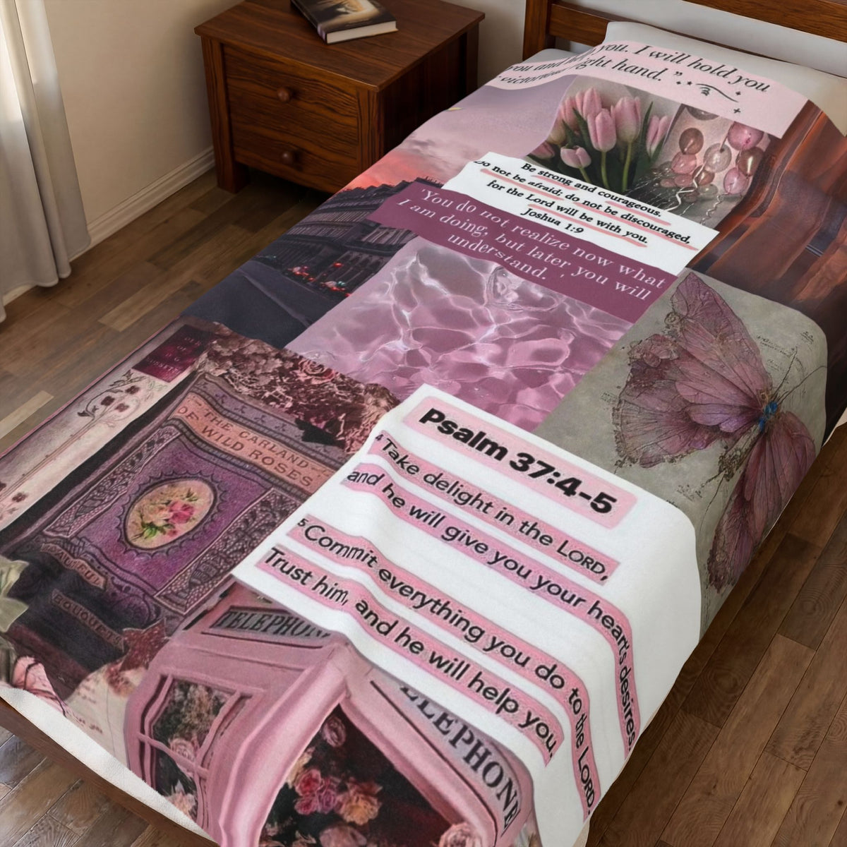 Velveteen Plush Blanket — Pink Vintage Butterfly Collage with Psalm 37:4-5