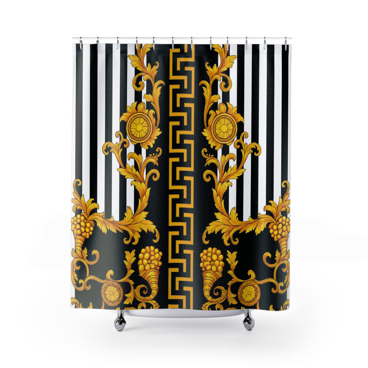 Baroque Gold Scroll Shower Curtain — Black & White Striped Bathroom Decor