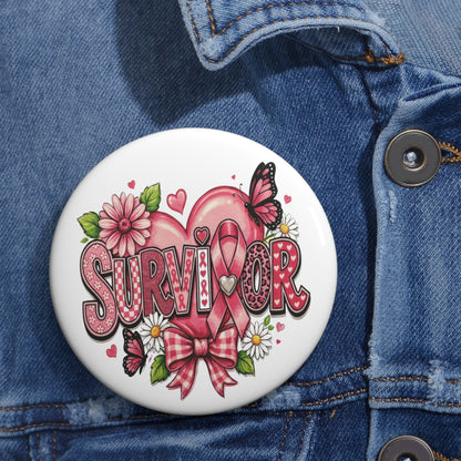 Survivor Pink Ribbon Floral Pin Button — Breast Cancer Awareness Support Badge
