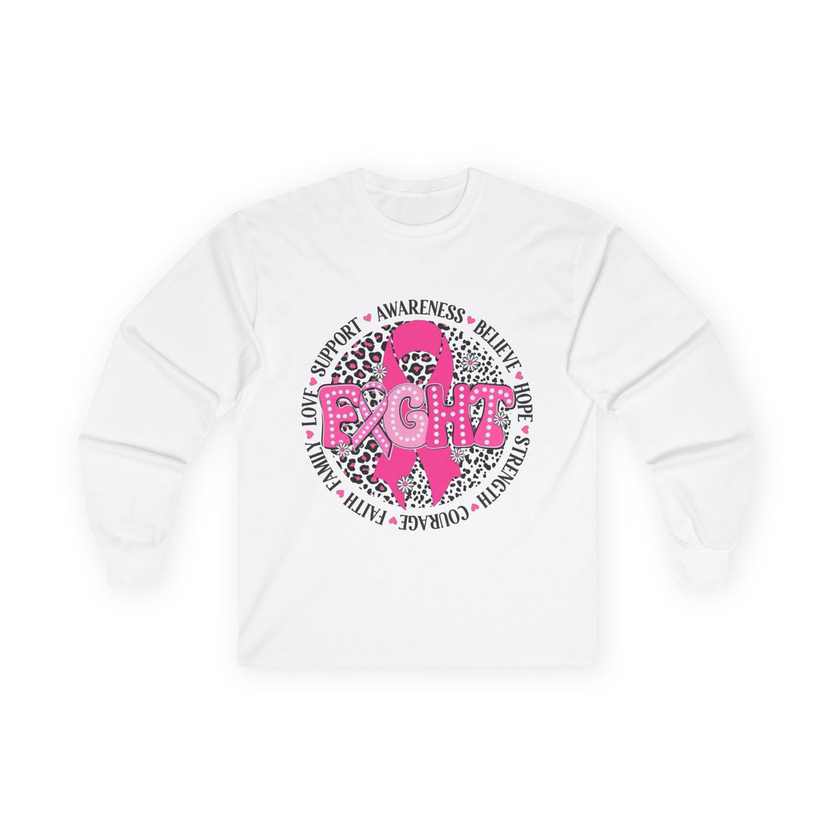 Breast Cancer Awareness Long Sleeve Tee — Pink Ribbon “Fight” Leopard Design
