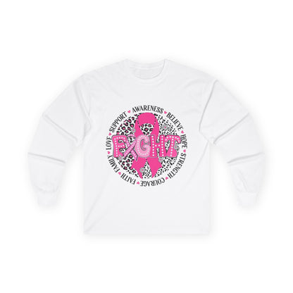 Breast Cancer Awareness Long Sleeve Tee — Pink Ribbon “Fight” Leopard Design