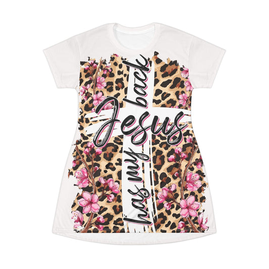 Jesus Has My Back Leopard Floral T-Shirt Dress — Christian Faith Graphic Dress