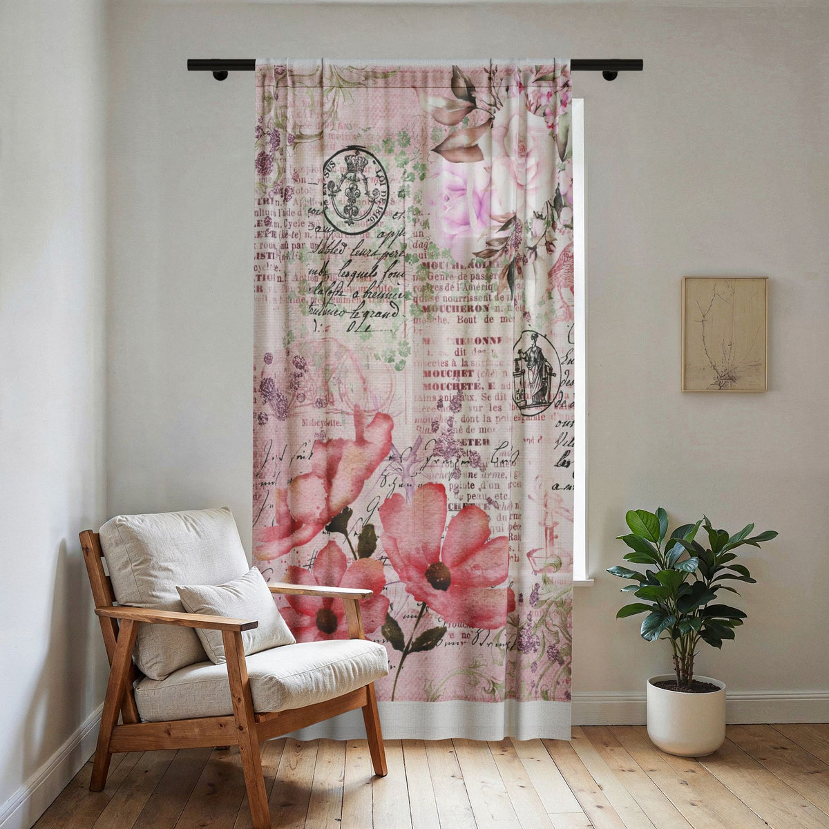 Sheer Floral Curtain - Vintage Pink Rose & Script Window Drapery