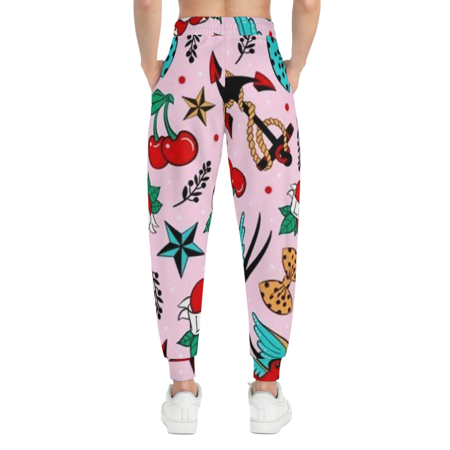 Retro Tattoo Print Joggers — Pink Cherry & Anchor Athletic Pants