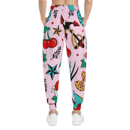 Retro Tattoo Print Joggers — Pink Cherry & Anchor Athletic Pants