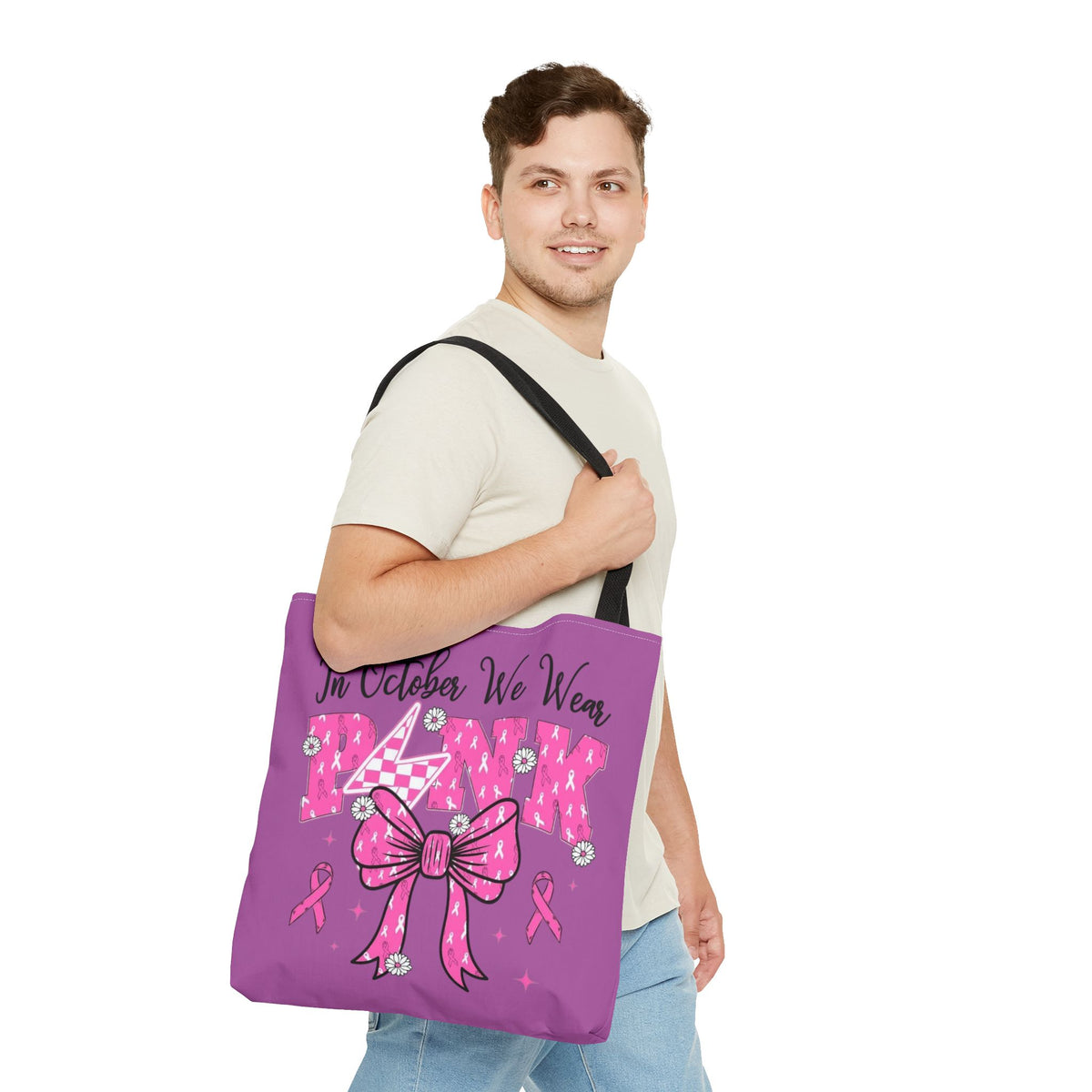 Breast Cancer Awareness Tote Bag — "In October We Wear Pink" Ribbon Design
