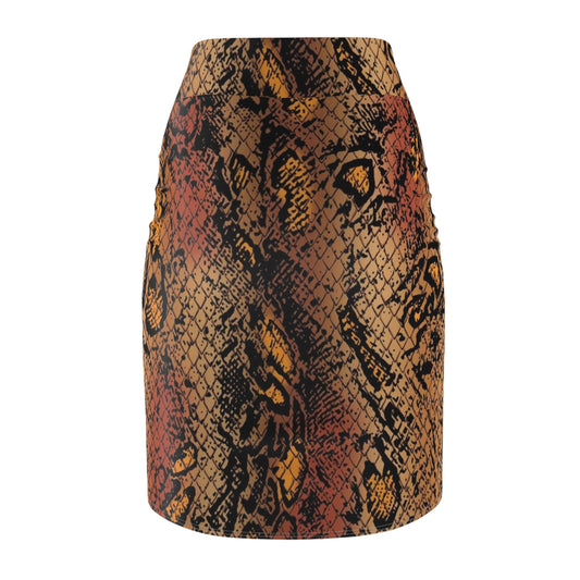 Snake Print Pencil Skirt — Brown & Rust All-Over Pattern