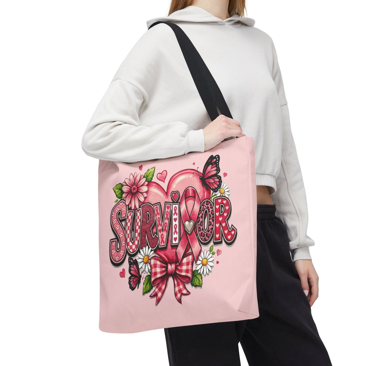 Survivor Pink Ribbon Tote Bag – Breast Cancer Awareness Floral Tote