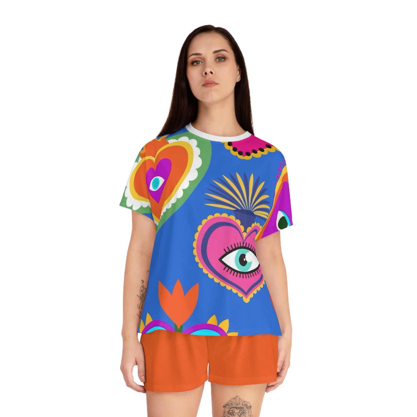 Vibrant “Evil Eye” Women's Short Pajama Set with Colorful Heart Designs