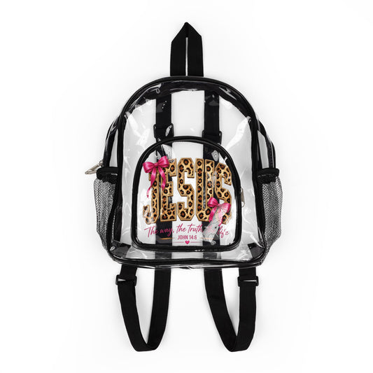 Clear Stadium Backpack — Leopard 5G Design with Pink Bows (See-Through School & Game Day Bag)
