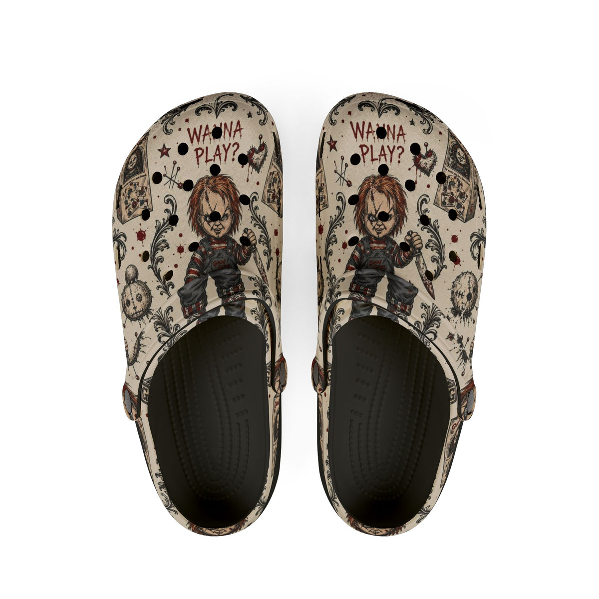 Horror Doll EVA Clogs — "Wanna Play?" All-Over Print Comfort Shoes