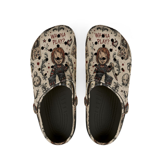 Horror Doll EVA Clogs — "Wanna Play?" All-Over Print Comfort Shoes