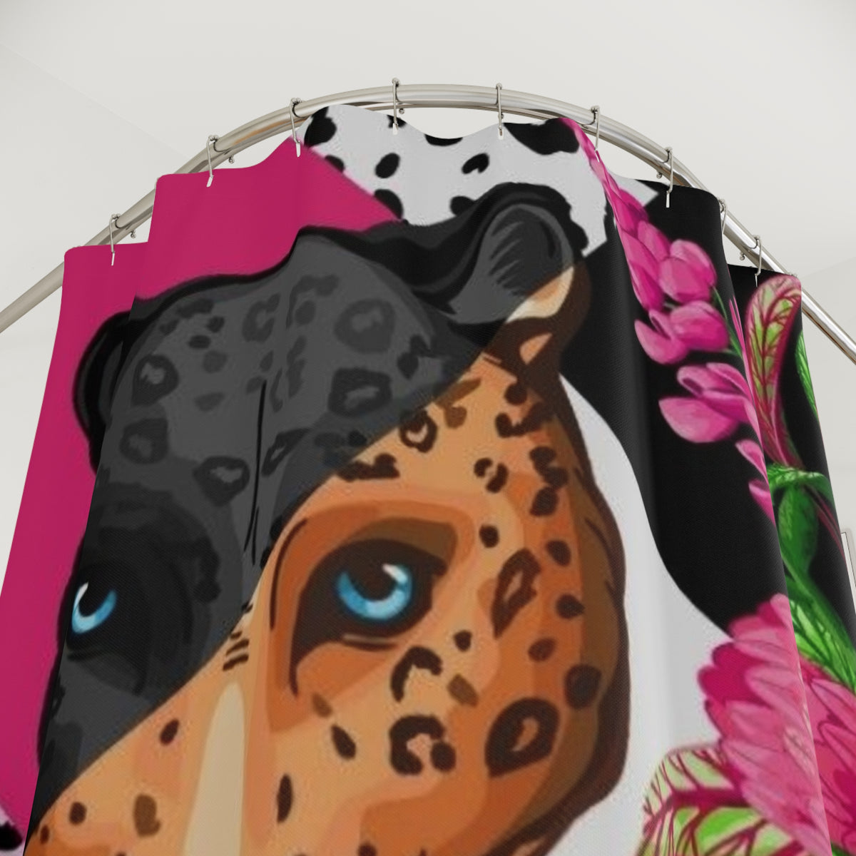 Leopard Floral Shower Curtain — Bold Pink Jungle Bathroom Decor