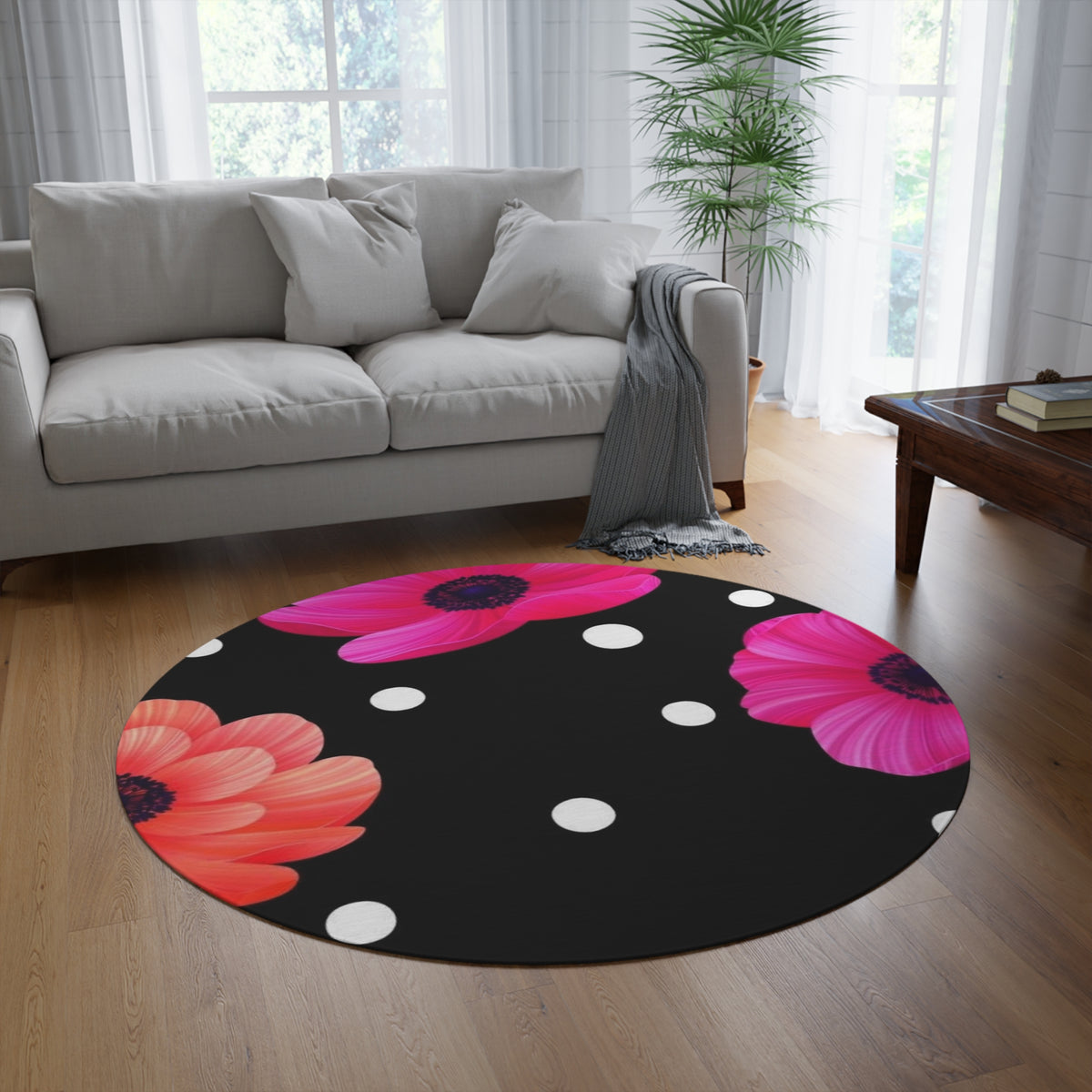 Floral Polka Dot Round Rug — Black Background with Pink & Coral Gerbera Flowers
